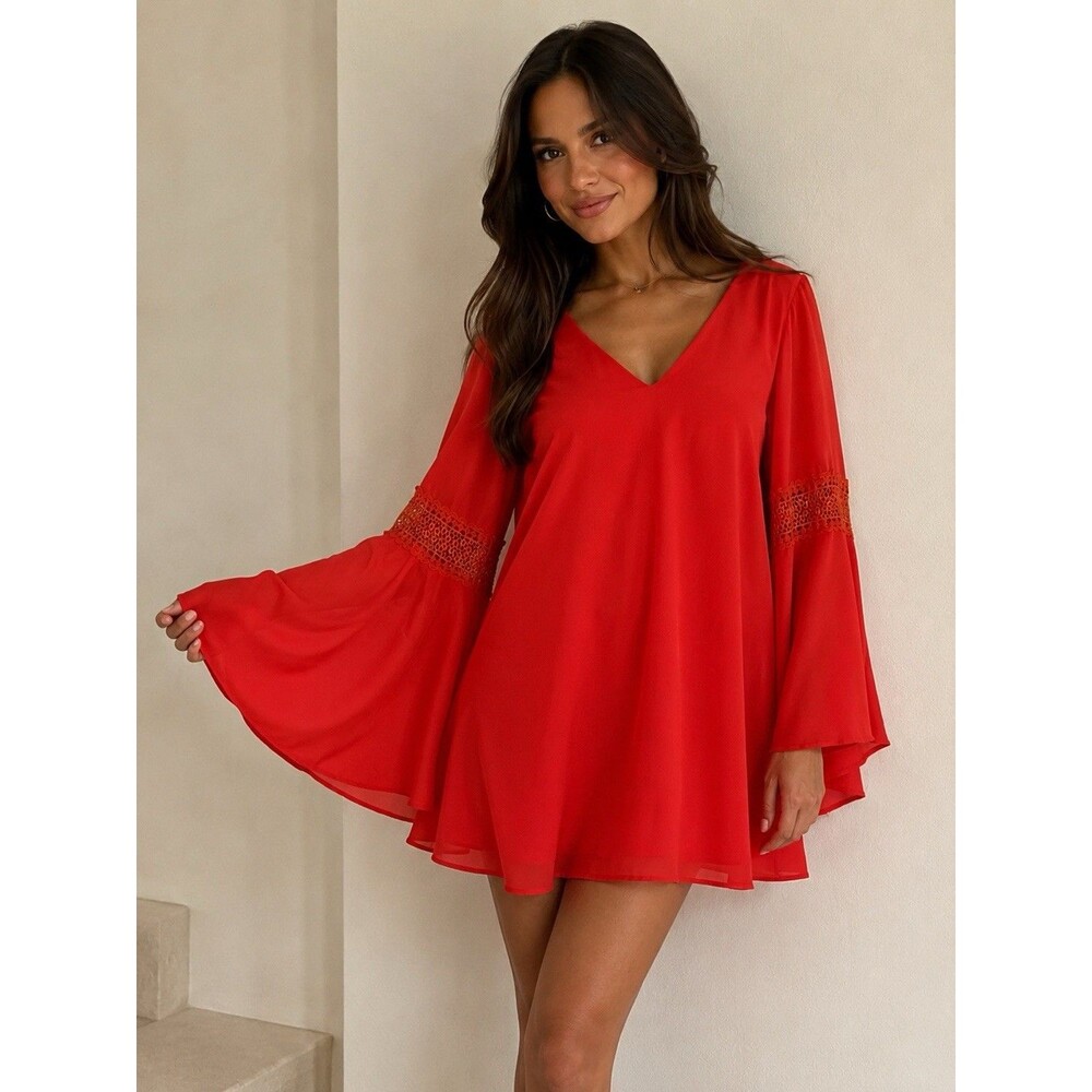 UMGEE Boho Swing Dress Orange Long Bell Sleeves Sheer Lined Medium